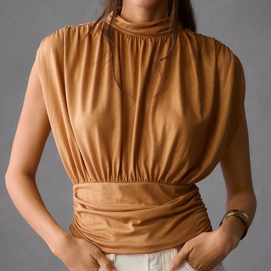 Women's Sleeveless Mock-Neck Blouson Top In Camel